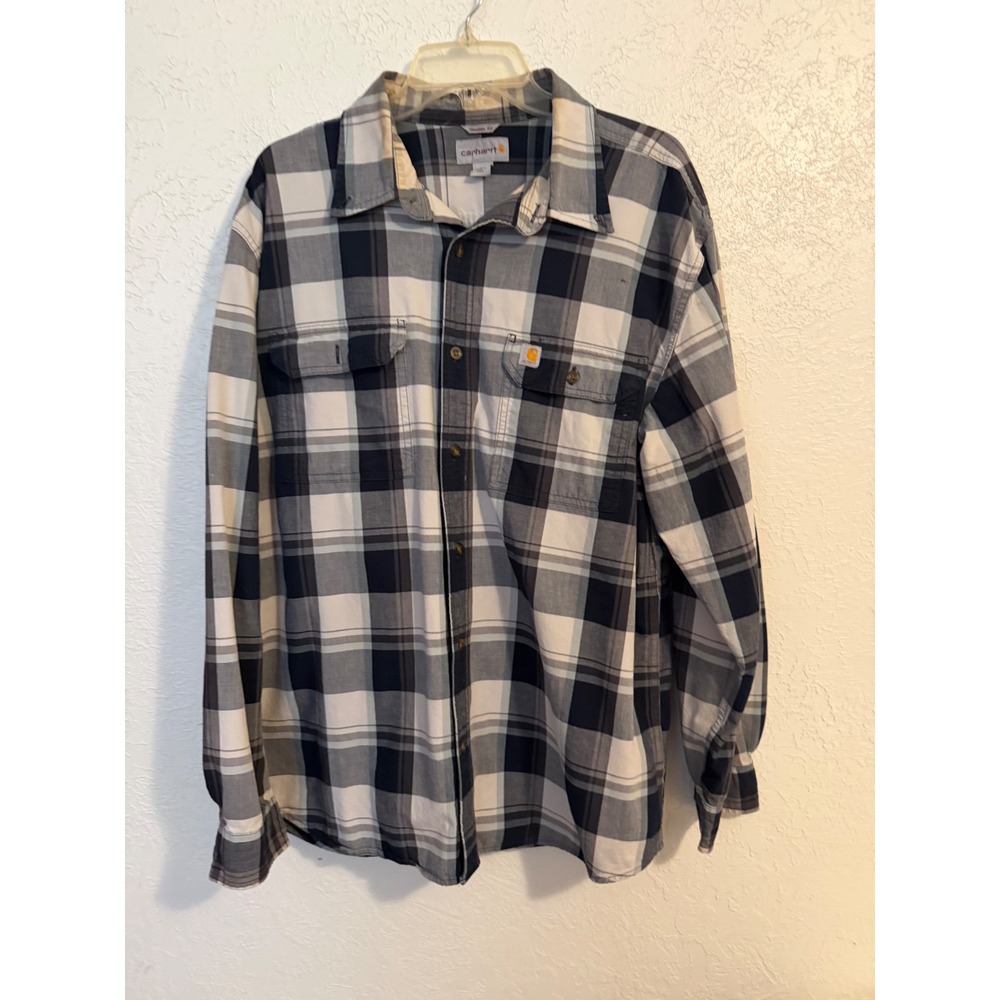 Carhartt Mens XL Plaid Button Down Shirt Original Fit Navy Grey Workwear Shirt